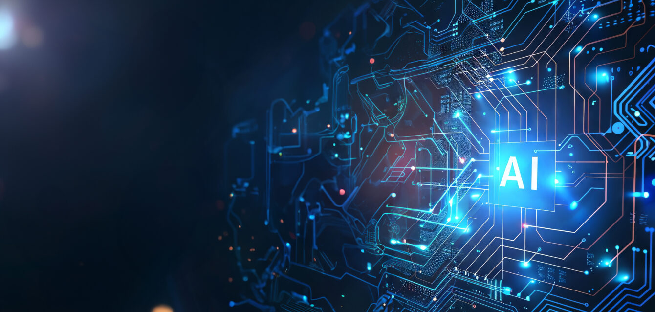 Abstract futuristic digital background with glowing "AI" text and circuit board pattern.